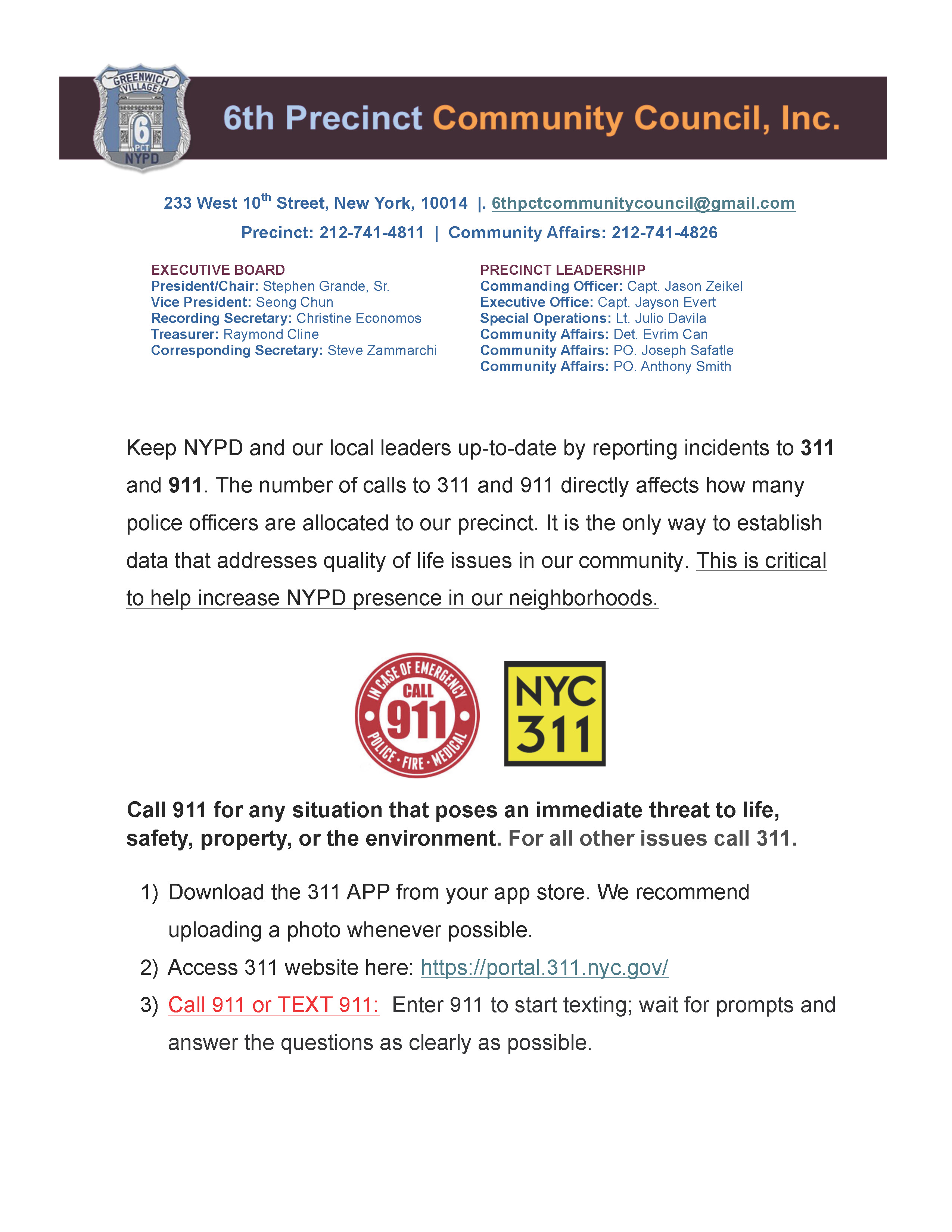 Flyer with information about calling 311 vs 911 and using the 311 app.