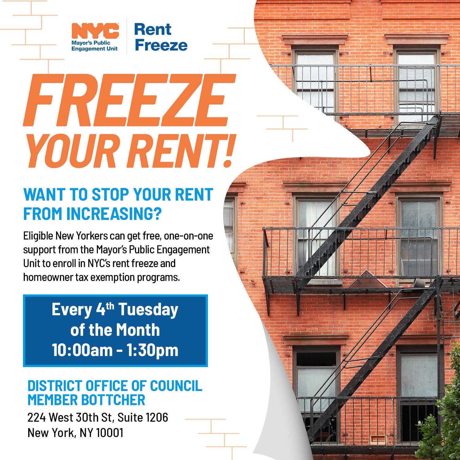 Flyer of an apartment building with fire escapes. Text Reads Free Your Rent - sessions every 4th Tuesday of the month