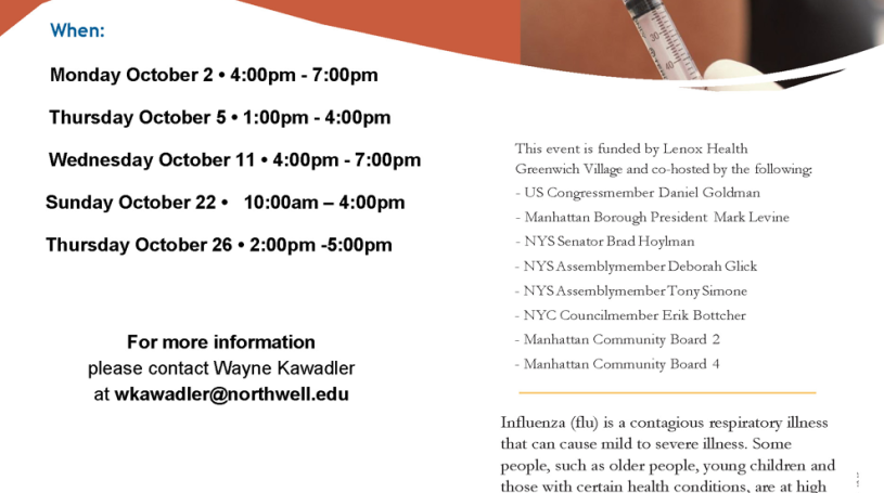 The image displays a Greenwich Village flyer advertising free flu shots at "LenoxHealth," 30 Seventh Avenue, with prominent co-hosts. Contact Wayne Kawadler at "wkawadler@northwell.edu" for details. The flyer emphasizes the importance of annual flu vaccination and features logos for Lenox Health Greenwich Village and Northwell Health.