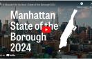 Cover Page for YouTube Video of speech. Features the large words "Manhattan State of the Borough 2024" and has a vector graphic of the island of Manhattan. 